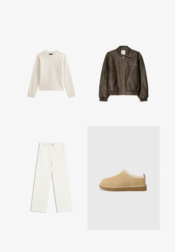 Veste bomber en cuir marron avec fermeture éclair à l'avant, col pointu, poignets et ourlet élastiqués, et poches latérales. Coutures contrastées visibles.; Pull en tricot beige clair avec un col rond côtelé et un ourlet, doté de manches longues et d'une silhouette décontractée. Texture douce et design minimal.; Jean blanc taille haute, jambes droites, avec poches avant et fermeture à bouton sur fond blanc.; Chaussure en daim à enfiler de couleur beige clair, dotée d'une douce doublure en fourrure et d'une semelle en caoutchouc texturé avec un léger talon et une sangle à l'arrière pour un enfilage facile.