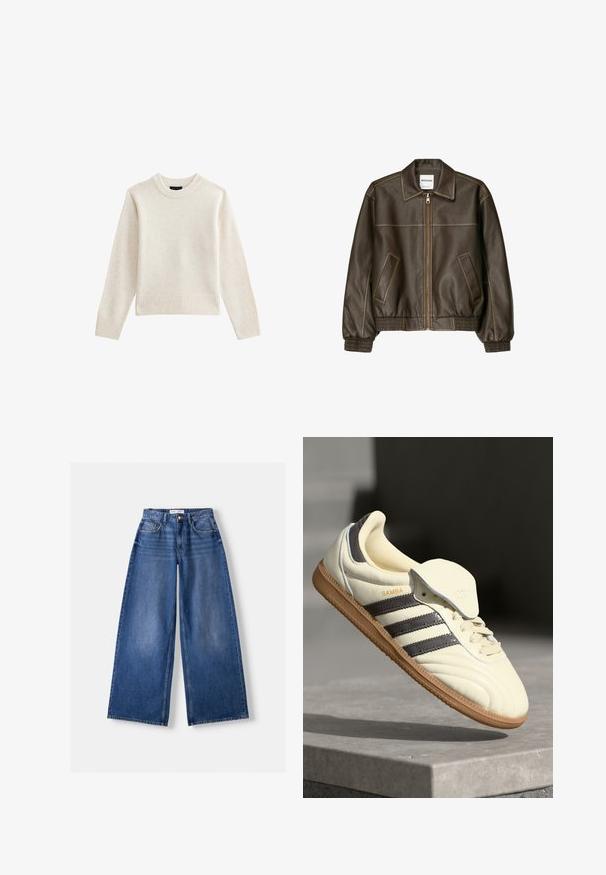 Veste bomber en cuir marron avec fermeture éclair à l'avant, col pointu, poignets et ourlet élastiqués, et poches latérales. Coutures contrastées visibles.; Pull en tricot beige clair avec un col rond côtelé et un ourlet, doté de manches longues et d'une silhouette décontractée. Texture douce et design minimal.; Jeans en denim bleu à jambes larges avec poches avant, passants de ceinture et fermeture par bouton, posés à plat sur un fond clair.; Baskets en cuir crème avec trois bandes sombres, une semelle extérieure en gomme marron et un bout arrondi. Présentent une languette pliable étiquetée "SAMBA."