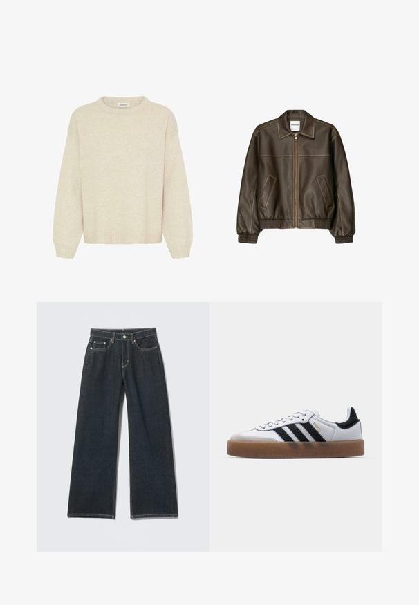 Veste bomber en cuir marron avec fermeture éclair à l'avant, col pointu, poignets et ourlet élastiqués, et poches latérales. Coutures contrastées visibles.; Pull léger beige en tricot doux, avec un col rond, des épaules tombantes, et un ourlet et des poignets côtelés. Pas de motifs ni d'accents.; Jean large à jambes larges bleu foncé avec bouton devant, fermeture éclair, passants pour ceinture et style cinq poches sur un fond clair uni.; Baskets en cuir blanc avec des rayures noires, semelle extérieure en caoutchouc beige, bout rond, fermeture lacée et embout en suède gris doux.