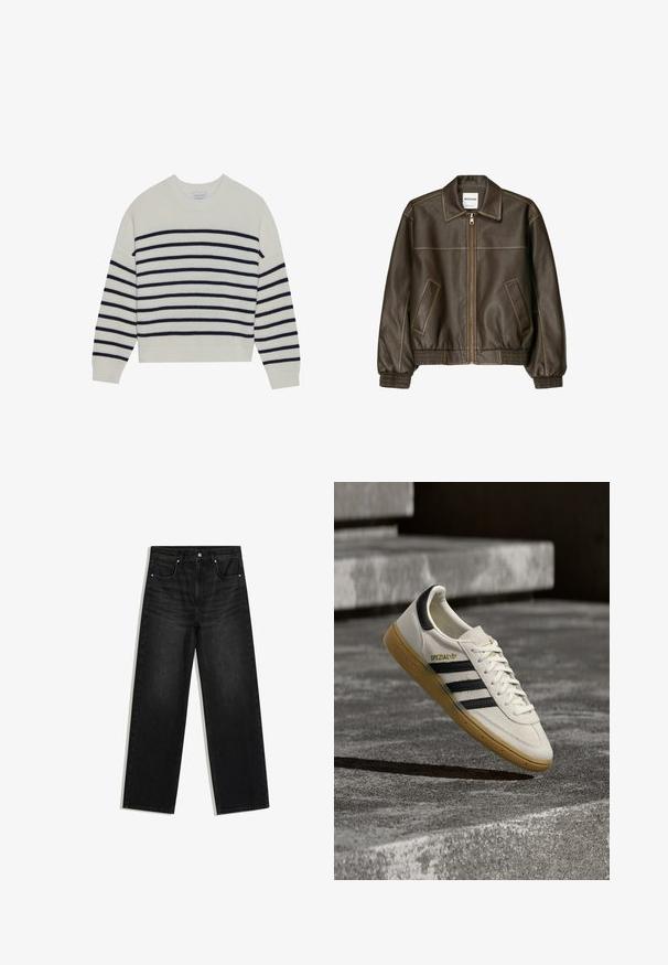 Veste bomber en cuir marron avec fermeture éclair à l'avant, col pointu, poignets et ourlet élastiqués, et poches latérales. Coutures contrastées visibles.; Pull créme avec des rayures horizontales navy, texture côtelée, col rond et manches longues. Coupe décontractée avec un design court.; Jean denim noir à jambes droites avec poches avant, passants de ceinture et fermeture par bouton, présenté sur fond blanc.; Baskets Adidas Spezial blanches avec des rayures noires et une semelle en gomme flottant au-dessus de marches en pierre grises à l'extérieur.