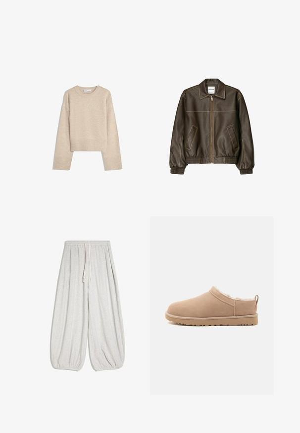 Veste bomber en cuir marron avec fermeture éclair à l'avant, col pointu, poignets et ourlet élastiqués, et poches latérales. Coutures contrastées visibles.; Pull en beige court en tricot doux. Présente un col rond, des manches longues et des bords-côtes aux poignets et à l'ourlet pour une texture supplémentaire.; Pantalon de survêtement ample gris clair avec taille élastique, cordon et poignets élastiques aux chevilles, posé à plat sur un fond blanc.; Chausson beige à enfiler avec extérieur en suède doux, doublure en fourrure blanche moelleuse et semelle en caoutchouc avec bande de traction, montré en profil latéral.