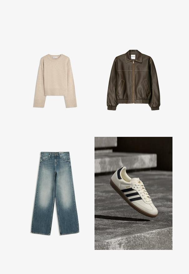 Veste bomber en cuir marron avec fermeture éclair à l'avant, col pointu, poignets et ourlet élastiqués, et poches latérales. Coutures contrastées visibles.; Pull en beige court en tricot doux. Présente un col rond, des manches longues et des bords-côtes aux poignets et à l'ourlet pour une texture supplémentaire.; Jean large bleu avec zones avant des cuisses délavées, poches avant, passants de ceinture et fermeture par bouton.; Baskets blanches Adidas Samba avec des bandes noires et une semelle en gomme, flottant au-dessus de marches en béton gris texturé.