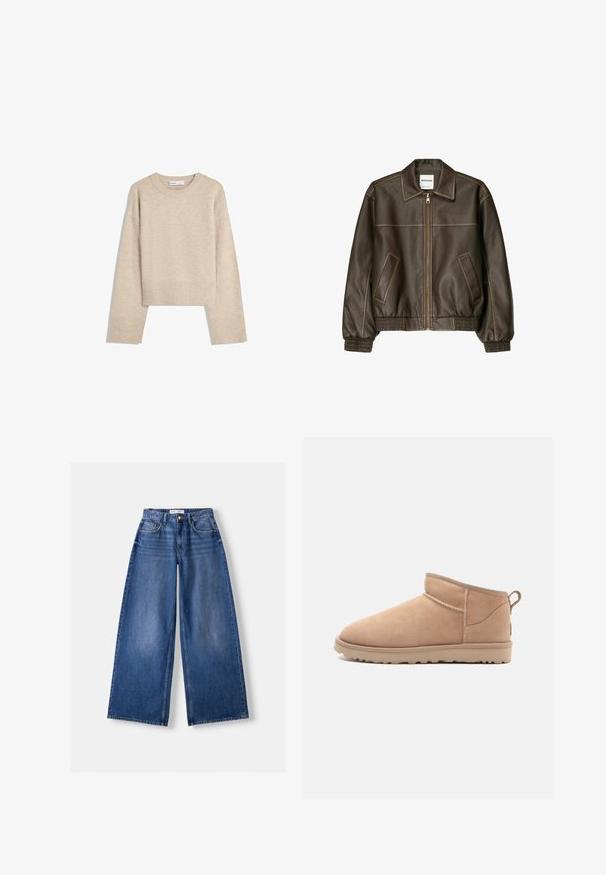 Brun læder bomberjakke med lynlåsfortil, spids krave, elastiske cuffe og kant, samt sidelommer. Kontrastsyninger synlige.; Beige cropped sweater lavet af blød strik. Har rund halsudskæring, lange ærmer samt ribbede manchetter og kant for ekstra tekstur.; Bredbenet blå denimjeans med forlommer, bæltestropper og knaplukning, lagt fladt på en lys baggrund.; Brune ruskindsankelstøvle med en rund tå, blød tekstur, enkelt design og en lavprofil gummisål. Har en trækrem bagpå.