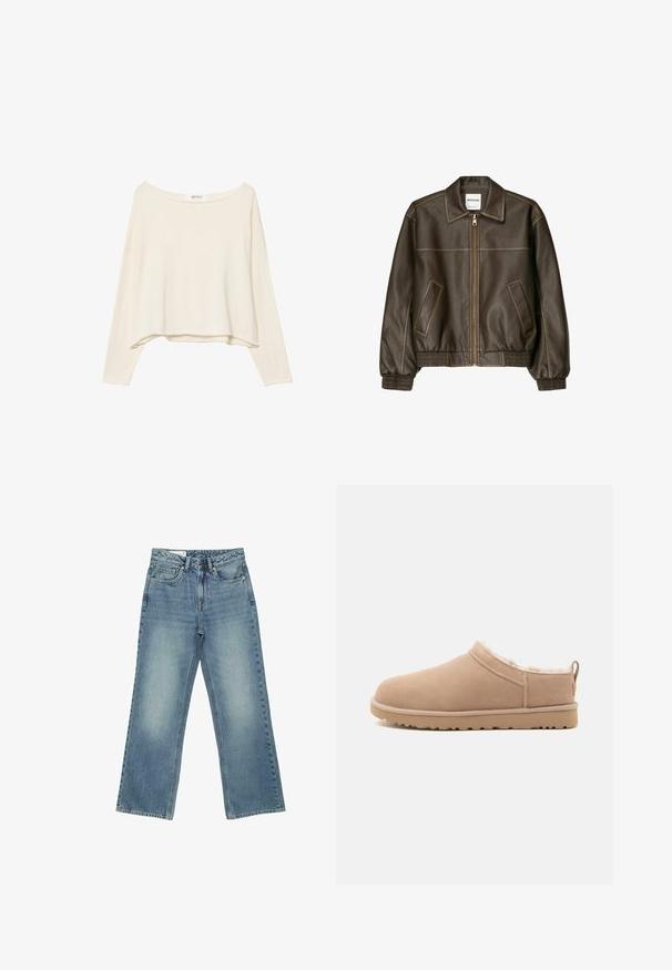 Brun læder bomberjakke med lynlåsfortil, spids krave, elastiske cuffe og kant, samt sidelommer. Kontrastsyninger synlige.; Lys beige cropped sweatshirt med bred halsudskæring, lange ærmer og et blødt, tekstureret stof. Har en afslappet, boxy pasform.; Blå jeans med høj talje og lige ben, med fem lommer, knaplukning og en diskret falmet vask på forsiden af lårene.; Beige slip-on tøfler med blødt ruskind yderside, blødt hvidt pelskørselindlæg og gummisål med traktion mønster, vist i sideprofil.