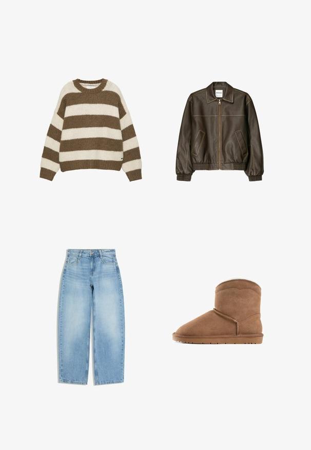 Veste bomber en cuir marron avec fermeture éclair à l'avant, col pointu, poignets et ourlet élastiqués, et poches latérales. Coutures contrastées visibles.; Pull en maille rayé marron et crème avec un col rond, une coupe oversize, et des poignets et un ourlet côtelés. Tissu doux et texturé.; Jean large bleu clair avec poches avant, passants pour ceinture et fermeture par bouton sur fond blanc.; Bottine en daim beige avec un bout arrondi, des détails cousus sur le dessus et une semelle en caoutchouc plate. Design simple et épuré pour un usage facile.