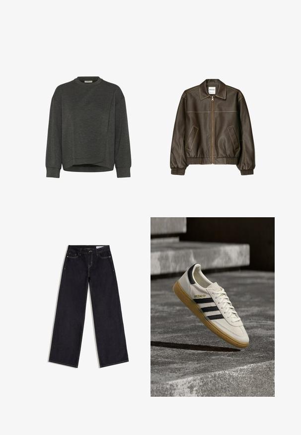 Bruine leren bomberjack met een ritssluiting aan de voorkant, puntige kraag, elastische manchetten en zoom, en zijzakken. Contrasterende stiksels zijn zichtbaar.; Donkergrijze sweatshirt met een ronde hals, lange mouwen, een asymmetrisch ontwerp en een zachte textuur. Heeft een ontspannen pasvorm en minimale stikdetails.; Donkerblauwe wijd uitlopende spijkerbroek met steekzakken aan de voorkant, riemlussen en contrasterende stiksels, platliggend op een witte achtergrond.; Witte Adidas Spezial sneaker met zwarte strepen en gumzool, zwevend boven grijze stenen trappen buiten.