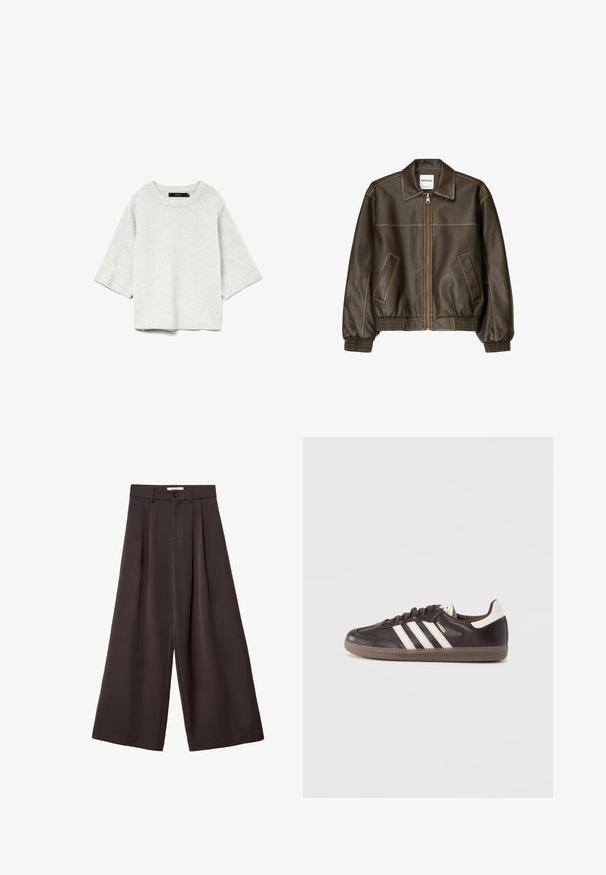 Veste bomber en cuir marron avec fermeture éclair à l'avant, col pointu, poignets et ourlet élastiqués, et poches latérales. Coutures contrastées visibles.; Pull léger gris clair à manches courtes, fabriqué en matériau tricoté doux. Il présente un col rond et un détail côtelé aux manches et à l'ourlet.; Pantalon large marron foncé avec plis à l'avant, fermeture par bouton et passants de ceinture, présenté sur un fond blanc.; Baskets en cuir marron foncé avec un design à trois bandes blanches, une semelle en caoutchouc et l'inscription "Samba" en lettres dorées sur le côté. Forme classique basse.