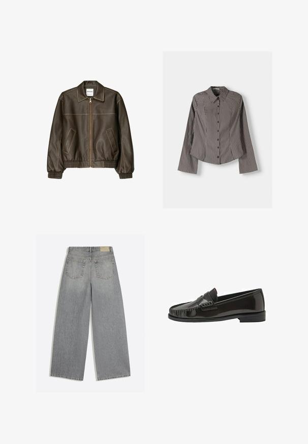 Veste bomber en cuir marron avec fermeture éclair à l'avant, col pointu, poignets et ourlet élastiqués, et poches latérales. Coutures contrastées visibles.; Chemise à boutons rayée marron et blanc, dotée de manches longues, d'un col pointu et d'un ourlet arrondi. Tissu texturé avec des rayures verticales.; Jean en denim gris à jambes larges montrant l'arrière avec deux poches et des passants de ceinture, posé à plat sur fond blanc.; Mocassin homme noir en cuir verni, sans lacets, avec bout mocassin cousu et talon bas empilé, présenté de profil sur fond blanc.