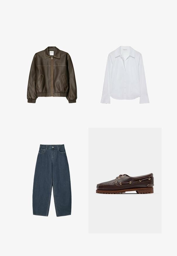Veste bomber en cuir marron avec fermeture éclair à l'avant, col pointu, poignets et ourlet élastiqués, et poches latérales. Coutures contrastées visibles.; Chemise blanche à manches longues avec un col classique, une fermeture boutonnée sur le devant et des poignets légèrement évasés, confectionnée dans un tissu lisse avec un léger éclat.; Jeans en denim bleu foncé à jambes larges avec une taille haute, dotés de cinq poches et de détails de couture visibles. Design épuré et minimal.; Bateau en cuir marron avec des œillets dorés, des lacets ronds et une semelle en caoutchouc marron texturée. Présente des détails de couture et un logo en relief.