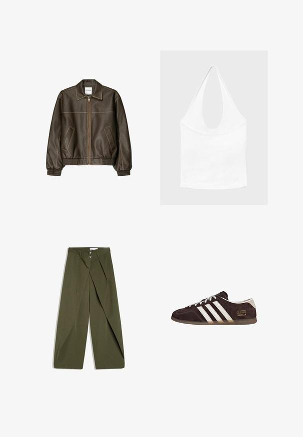 Veste bomber en cuir marron avec fermeture éclair à l'avant, col pointu, poignets et ourlet élastiqués, et poches latérales. Coutures contrastées visibles.; Haut blanc sans manches à encolure américaine, avec un profond col rond et une taille cintrée, présenté sur un fond clair et uni.; Pantalon large couleur vert olive avec un devant plissé, deux poches latérales et une fermeture à boutons. Confectionné en tissu texturé.; Baskets en suède marron avec trois bandes blanches, semelle en caoutchouc, et étiquette avec le texte "Gazelle" en or. Fermeture à lacets avec lacets gris.