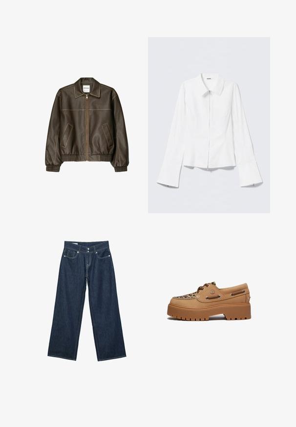 Veste bomber en cuir marron avec fermeture éclair à l'avant, col pointu, poignets et ourlet élastiqués, et poches latérales. Coutures contrastées visibles.; Chemise blanche à manches longues avec un col à revers et une fermeture éclair sur le devant. Elle présente des poignets évasés et une texture lisse en mélange de coton.; Jeans en denim bleu foncé à jambes larges avec fermeture à double bouton, poches avant et surpiqûres contrastantes sur fond blanc.; Timberland STONE STREET - Chaussures bateau - medium beige