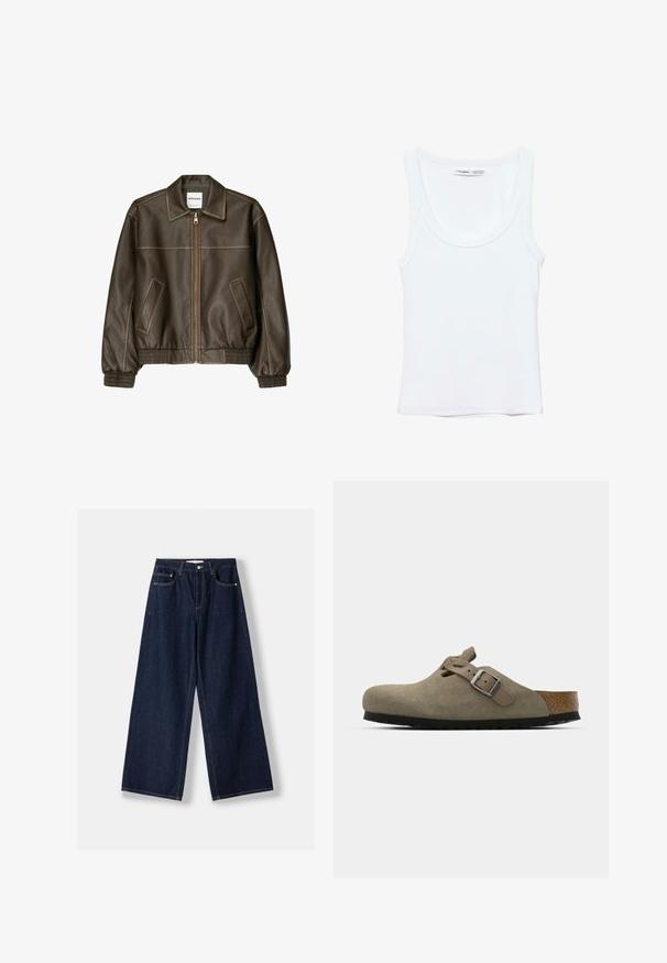 Veste bomber en cuir marron avec fermeture éclair à l'avant, col pointu, poignets et ourlet élastiqués, et poches latérales. Coutures contrastées visibles.; Débardeur blanc uni sans manches avec encolure arrondie, fabriqué en tissu doux, étiquette à l'intérieur du col indiquant la marque et la taille.; Jean en denim bleu foncé à jambes larges avec fermeture avant par bouton et zip, poches avant et passants pour ceinture, posé à plat sur un fond blanc.; Sabots en velours côtelé vert olive clair avec une semelle en liège et en caoutchouc moulée. Dispose d'une sangle latérale avec une boucle en métal et d'un bout arrondi.