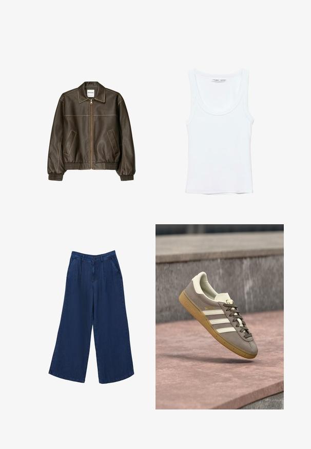 Braune Lederbomberjacke mit einem Reißverschluss vorne, spitzem Kragen, elastischen Bündchen und Saum sowie Seitentaschen. Sichtbare Kontrastnähte.; Schlichtes weißes ärmelloses Tanktop mit Rundhalsausschnitt, aus weichem Stoff, Etikett im Kragen zeigt Marken- und Größenangaben.; Weite Jeanshose in Dunkelblau. Sie verfügt über zwei Fronttaschen, einen Knopfverschluss und hat eine glatte Textur mit einem leichten Stoff.; Hellbrauner Adidas-Sneaker aus Wildleder mit weißen Streifen und einer braunen Gummisohle, schwebt über rosa Steinstufen im Freien.