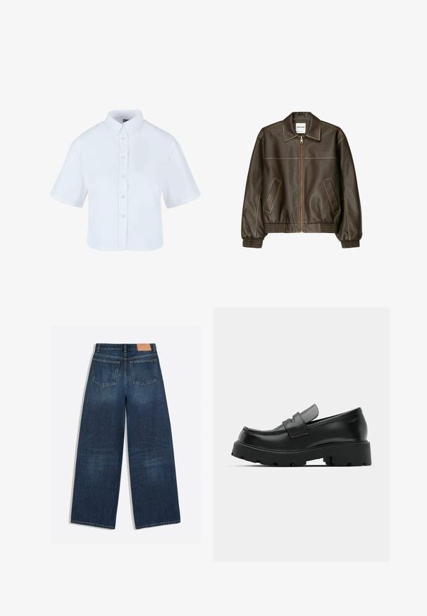 Veste bomber en cuir marron avec fermeture éclair à l'avant, col pointu, poignets et ourlet élastiqués, et poches latérales. Coutures contrastées visibles.; Chemise blanche à manches courtes, raccourcie, avec un col classique et des boutons effet perle, fabriquée en tissu lisse.; Jean denim bleu foncé à jambes larges avec deux poches arrière et une étiquette en cuir marron à la ceinture.; Mocassins en cuir noir avec une semelle épaisse et texturée, dotés d'une sangle sur le vamp et d'une finition lisse et polie.