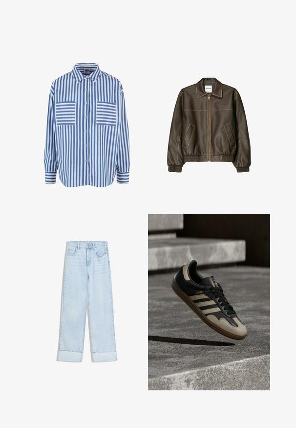 Braune Lederbomberjacke mit einem Reißverschluss vorne, spitzem Kragen, elastischen Bündchen und Saum sowie Seitentaschen. Sichtbare Kontrastnähte.; Blau-weiß gestreiftes Hemd mit Knopfleiste, langen Ärmeln und zwei Brusttaschen mit horizontalen Streifen. Baumwollmaterial, lockere Passform.; Hellblaue Jeans aus Denim mit hohem Bund, weitem Bein, aufgekrempelten Säumen und zwei Fronttaschen. Der Stoff hat eine leicht ausgebleichte Textur.; Schwarzer und beiger Ledersneaker mit drei weißen Streifen, tannengrüner Gummisohle und goldener "Samba"-Detailierung an der Seite.