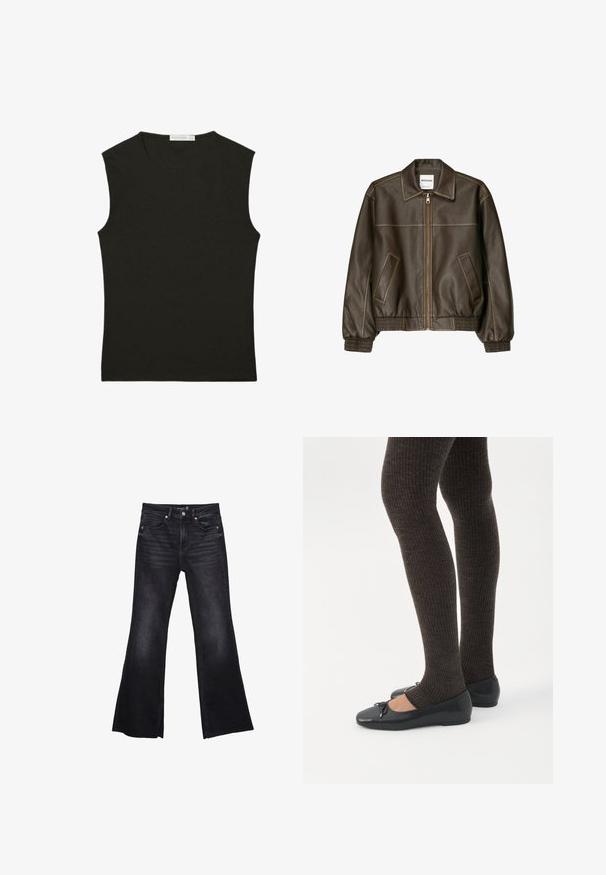 Veste bomber en cuir marron avec fermeture éclair à l'avant, col pointu, poignets et ourlet élastiqués, et poches latérales. Coutures contrastées visibles.; Top noir sans manches en tissu lisse ; coupe ajustée avec un col rond ; aucun motif ni accent visible.; Jean noir évasé en denim avec une texture légèrement délavée. Comprend des poches avant, une fermeture éclair et des accents de couture visibles.; Jambes portant des leggings côtelés foncés associés à des ballerines noires avec de petits détails en nœud sur fond blanc.