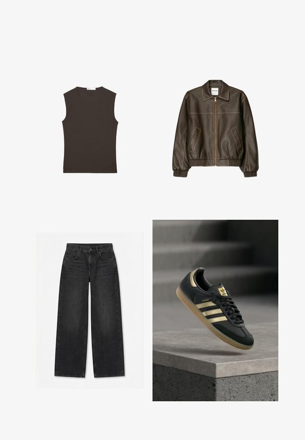 Veste bomber en cuir marron avec fermeture éclair à l'avant, col pointu, poignets et ourlet élastiqués, et poches latérales. Coutures contrastées visibles.; Débardeur sans manches brun foncé à col rond avec ourlet droit, présenté à plat sur un fond blanc.; Jean large noir avec bouton et fermeture éclair à l'avant, passants pour ceinture et design à cinq poches sur un fond blanc uni.; Baskets Adidas Samba noires avec des bandes dorées et une semelle en gomme, flottant au-dessus d'une surface en béton avec des escaliers flous en arrière-plan.