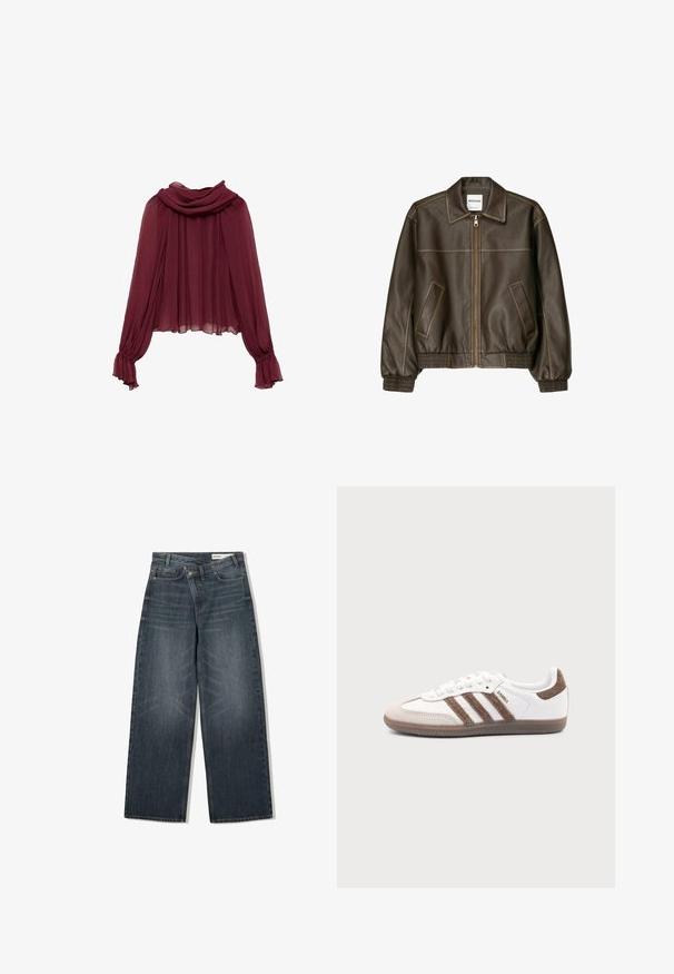 Bruine leren bomberjack met een ritssluiting aan de voorkant, puntige kraag, elastische manchetten en zoom, en zijzakken. Contrasterende stiksels zijn zichtbaar.; Bordeaux chiffon blouse met een gedrapeerde hals en lange mouwen. De mouwen hebben gather cuffs, wat een vloeiende silhouet creëert.; Donker gewassen spijkerbroek met een wijde pijpdesign, voorzien van een hoge taille, vijf zakken en subtiele wassing aan de voorkant.; Witte Adidas Samba sneaker met bruine suède strepen, bruine rubberen zool en beige suède neuskap, getoond vanaf de buitenkant op een effen achtergrond.