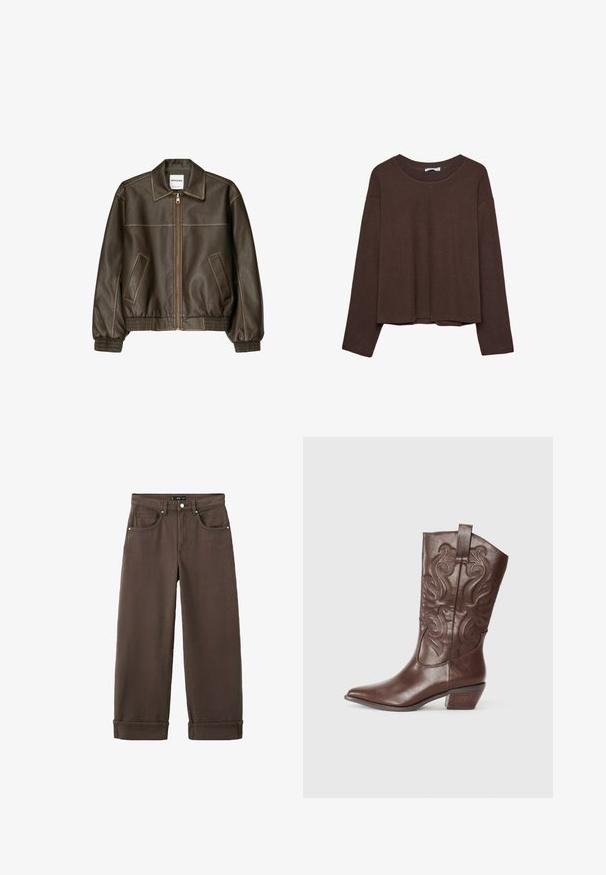Veste bomber en cuir marron avec fermeture éclair à l'avant, col pointu, poignets et ourlet élastiqués, et poches latérales. Coutures contrastées visibles.; Pull marron à coupe décontractée, col côtelé et manches longues. Texture lisse avec un ourlet arrondi et sans motifs ni accents visibles.; Jean marron taille haute à jambe droite avec poches avant, passants de ceinture, fermeture par bouton et ourlets retroussés.; Botte de cowboy en cuir marron avec un bout pointu, des coutures décoratives sur la tige et un talon bas empilé. Texture lisse avec une finition polie.