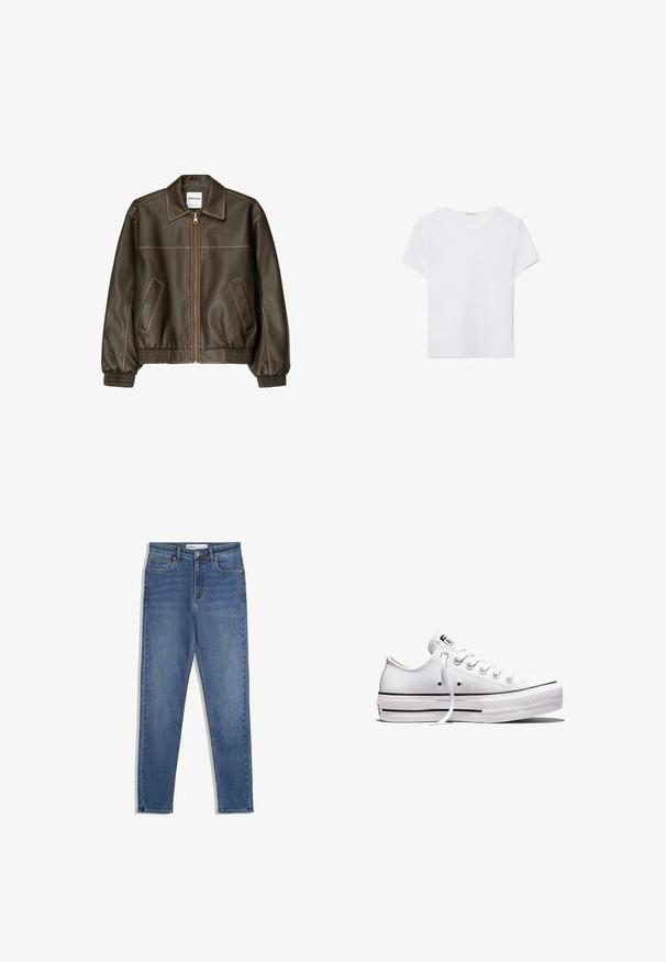 Veste bomber en cuir marron avec fermeture éclair à l'avant, col pointu, poignets et ourlet élastiqués, et poches latérales. Coutures contrastées visibles.; T-shirt blanc à manches courtes en tissu doux. Dispose d'un col rond et d'un design simple et épuré avec un ourlet droit.; Jean en denim bleu avec taille haute, coupe slim, poches avant, fermeture éclair et coutures contrastantes. Design structuré avec une texture lisse.; Baskets basses en toile blanche avec lacets blancs, semelle en caoutchouc, détails à rayures noires, et écusson logo sur la languette et le talon.