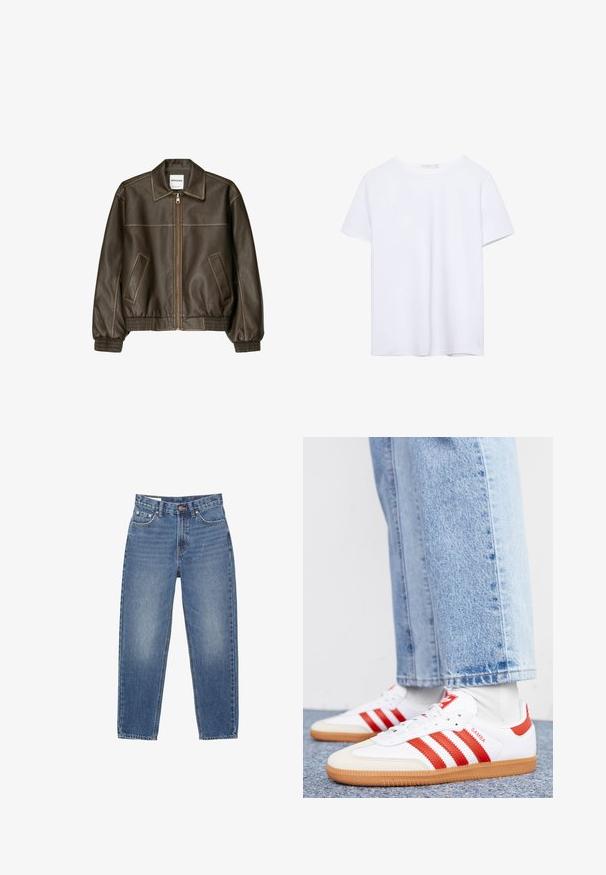 Braune Lederbomberjacke mit einem Reißverschluss vorne, spitzem Kragen, elastischen Bündchen und Saum sowie Seitentaschen. Sichtbare Kontrastnähte.; Ein einfarbiges weißes T-Shirt mit kurzen Ärmeln und Rundhalsausschnitt, mit geradem Saum, auf einem weißen Hintergrund präsentiert.; Blaue Jeans aus Denim mit geradem Bein, im Fünf-Taschen-Stil und sichtbaren Nähten auf weißem Hintergrund.; Weiße Leder Sneaker mit roten Streifen und Akzenten. Verfügt über eine strukturierte Gummi-Laufsohle und einen gepolsterten Schaft. Tragen mit hellblauer Jeans.