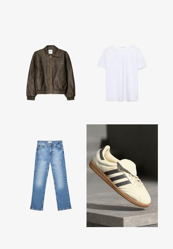 Brun læder bomberjakke med lynlåsfortil, spids krave, elastiske cuffe og kant, samt sidelommer. Kontrastsyninger synlige.; Simpel hvid kortærmet t-shirt med rund hals og lige kant, præsenteret på en hvid baggrund.; Lysblå denim jeans, lige ben, slidte områder og diskret slid. Har fem lommer og en klassisk knaplukning.; Cremefarvede lædersneakers med tre mørke striber, en brun gummisål og en afrundet tå. Har en foldbar tunge mærket "SAMBA."