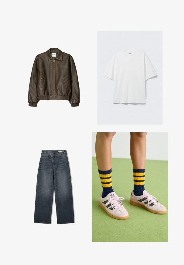 Bruine leren bomberjack met een ritssluiting aan de voorkant, puntige kraag, elastische manchetten en zoom, en zijzakken. Contrasterende stiksels zijn zichtbaar.; Wit oversized katoenen T-shirt met korte mouwen, ronde hals en een klein merkembleem aan de binnenkant van de kraag.; Donker gewassen spijkerbroek met een wijde pijpdesign, voorzien van een hoge taille, vijf zakken en subtiele wassing aan de voorkant.; Lichtroze suède sneakers met zwarte strepen en rubberen gummizolen, gecombineerd met marineblauwe en gele gestreepte rib sokken. Groene gestructureerde vloer.