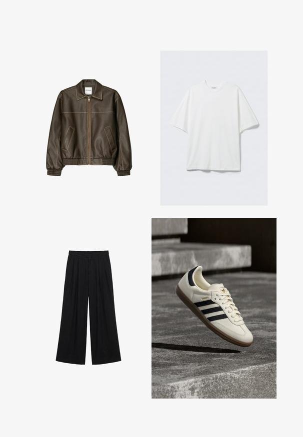 Veste marron en simili cuir avec fermeture éclair devant, deux poches inclinées, poignets et taille côtelés, présentée sur fond blanc.; T-shirt blanc surdimensionné en coton à manches courtes avec col rond et une petite étiquette de marque à l'intérieur du col.; Pantalon noir à jambes larges, taille haute, plis à l'avant et fermeture avant dissimulée.; Baskets blanches Adidas Samba avec des bandes noires et une semelle en gomme, flottant au-dessus de marches en béton gris texturé.