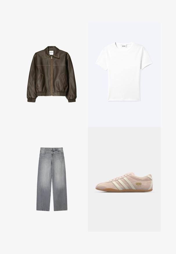 Braune Lederbomberjacke mit einem Reißverschluss vorne, spitzem Kragen, elastischen Bündchen und Saum sowie Seitentaschen. Sichtbare Kontrastnähte.; Einfaches weißes T-Shirt mit kurzen Ärmeln und Rundhalsausschnitt sowie kleinem "WEEKDAY"-Etikett im Nacken, flach auf einem hellen Hintergrund präsentiert.; Graue Denim-Jeans mit weitem Bein und leicht ausgewaschenem Finish, ausgestattet mit fünf Taschen, einem frontalen Knopfverschluss und Gürtelschlaufen.; adidas Originals TOKYO - Sneaker low - quartz/off white