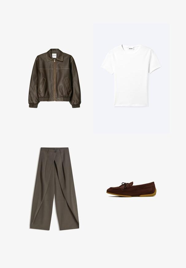 Veste bomber en cuir marron avec fermeture éclair à l'avant, col pointu, poignets et ourlet élastiqués, et poches latérales. Coutures contrastées visibles.; T-shirt blanc uni à manches courtes et col rond avec une petite étiquette "WEEKDAY" à l'intérieur de l'encolure, présenté à plat sur un fond clair.; Pantalons à jambes larges en tissu texturé gris foncé. Présente un pli avant, une fermeture par bouton et des poches latérales pour plus de praticité.; Mocassins en suede marron avec un bout rond, des détails en lacets et une semelle en caoutchouc jaune flexible. Design simple et sans embellissement.