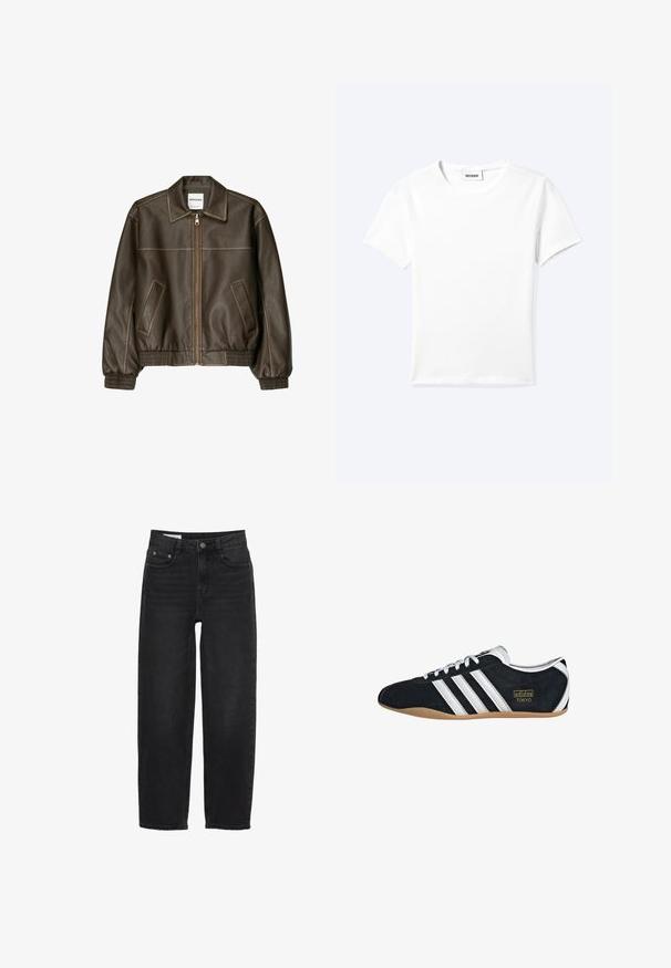 Veste bomber en cuir marron avec fermeture éclair à l'avant, col pointu, poignets et ourlet élastiqués, et poches latérales. Coutures contrastées visibles.; T-shirt blanc uni à manches courtes et col rond avec une petite étiquette "WEEKDAY" à l'intérieur de l'encolure, présenté à plat sur un fond clair.; Jeans en denim noir avec une coupe droite, dotés d'une fermeture à bouton, de cinq poches et de détails de couture subtils.; Sneakers en suede noir avec trois bandes blanches, logo doré et semelle en caoutchouc marron. Présente un design à lacets à profil bas.