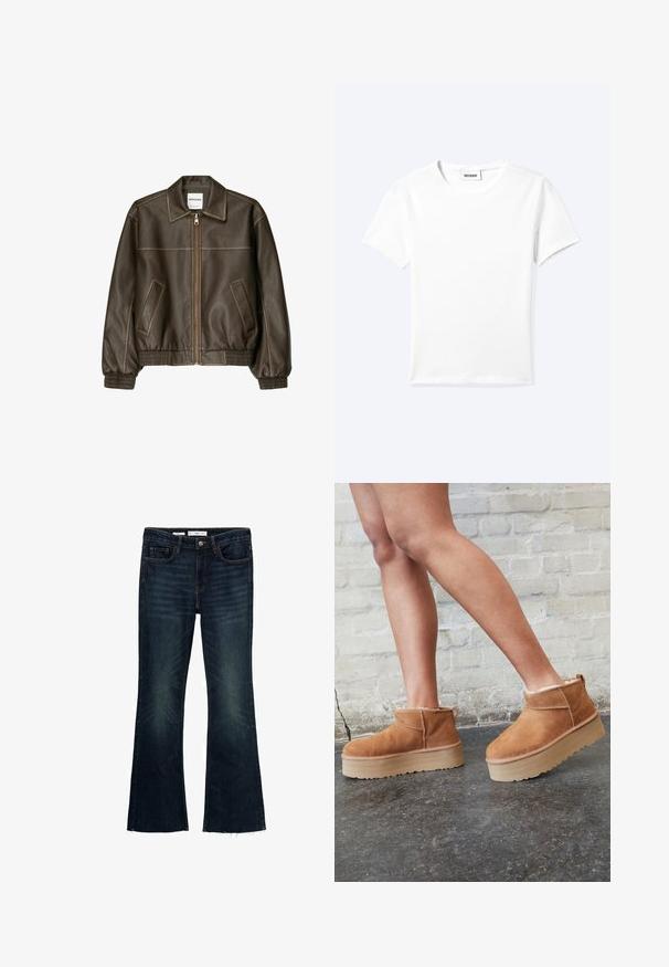 Braune Lederbomberjacke mit einem Reißverschluss vorne, spitzem Kragen, elastischen Bündchen und Saum sowie Seitentaschen. Sichtbare Kontrastnähte.; Einfaches weißes T-Shirt mit kurzen Ärmeln und Rundhalsausschnitt sowie kleinem "WEEKDAY"-Etikett im Nacken, flach auf einem hellen Hintergrund präsentiert.; Ausgestellte dunkelblaue Denim-Jeans mit verblassten Akzenten, fünf Taschen und einem rohen Saum. Aus Baumwolle mit einem Knopfverschluss und Gürtelschlaufen gefertigt.; Braune Wildleder-Stiefeletten mit einem weichen Futter, dicker beige Plateau-Sohle und einer Zuglasche auf der Rückseite. Strukturiert Oberfläche mit sichtbaren Nähdetails.