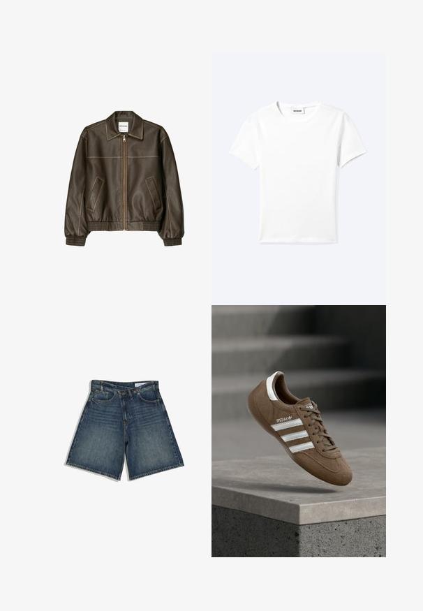 Veste marron en simili cuir avec fermeture éclair devant, deux poches inclinées, poignets et taille côtelés, présentée sur fond blanc.; T-shirt blanc uni à manches courtes et col rond avec une petite étiquette "WEEKDAY" à l'intérieur de l'encolure, présenté à plat sur un fond clair.; Short en jean bleu foncé avec poches avant, passants de ceinture et fermeture par bouton, posé à plat sur fond blanc.; Baskets Adidas Spezial en daim marron avec des bandes blanches et des lacets, flottant au-dessus d'un rebord en béton gris sur un fond d'escaliers flous.