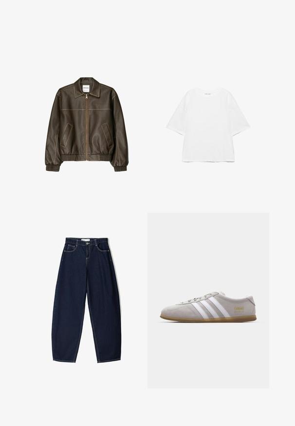 Brun læder bomberjakke med lynlåsfortil, spids krave, elastiske cuffe og kant, samt sidelommer. Kontrastsyninger synlige.; Hvid oversize T-shirt med korte ærmer og rund hals, ensfarvet design og skuldersømme, der er sænket, på hvid baggrund.; Mørkeblå denimbukser med løs pasform, der har fem lommer, kontrasterende syninger og lynlåslukning foran.; Grå suedestøvle med hvide læderstriber og guldlogo-detalje. Flad gummisål, rund tå og klassisk snølukkedesign.