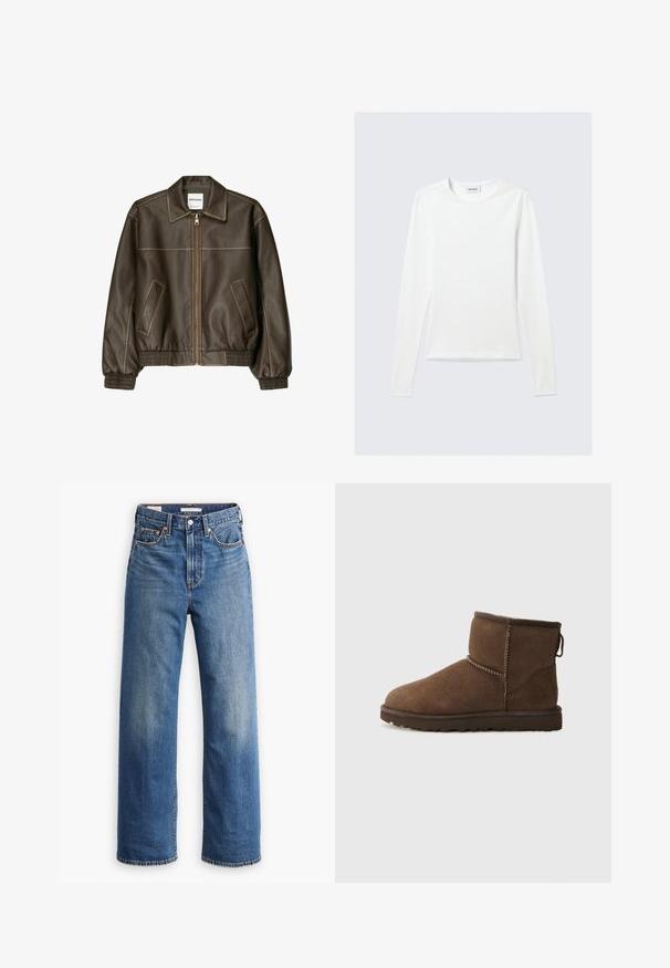 Braune Lederbomberjacke mit einem Reißverschluss vorne, spitzem Kragen, elastischen Bündchen und Saum sowie Seitentaschen. Sichtbare Kontrastnähte.; Langärmliges, schlichtes weißes Rundhals-Shirt mit schlanker Passform, dargestellt vor einem hellgrauen Hintergrund.; Hellblaue Jeans aus Denim mit hoher Taille, weitem Bein, klassischem Fünf-Taschen-Design und subtilen Verwaschungen im Stoff.; UGG CLASSIC MINI II - Snowboot/Winterstiefel - dusted cocoa