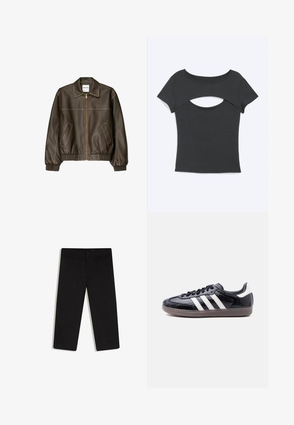 Veste bomber en cuir marron avec fermeture éclair à l'avant, col pointu, poignets et ourlet élastiqués, et poches latérales. Coutures contrastées visibles.; Haut noir ajusté à manches courtes avec une découpe horizontale sous l'encolure ronde, posé à plat sur un fond clair.; Pantalon noir court à jambes droites, taille plate avec ceinture, sans poches visibles, présenté sur fond blanc.; Baskets noires profilées avec motif en relief imitation peau de serpent, bandes blanches sur le côté, lacets noirs et semelle translucide marron.