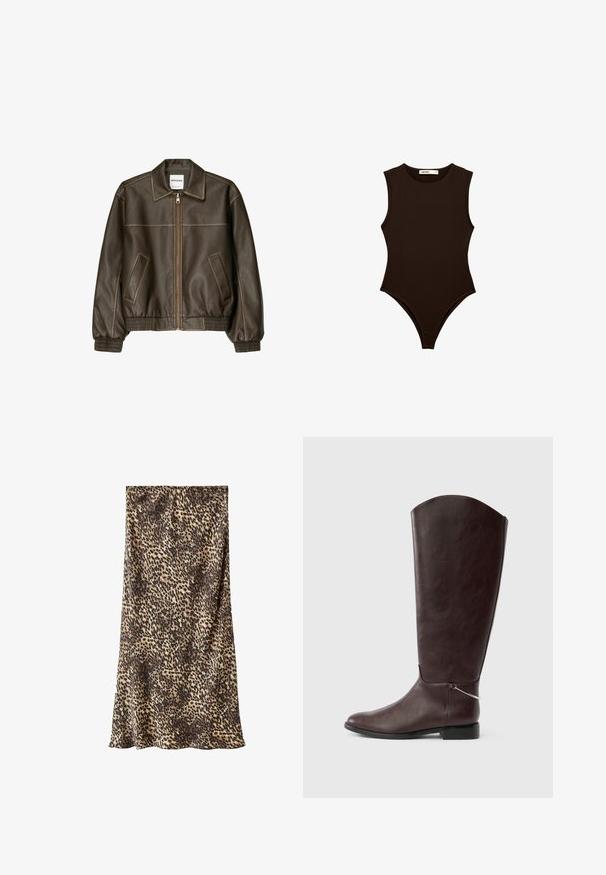 Veste bomber en cuir marron avec fermeture éclair à l'avant, col pointu, poignets et ourlet élastiqués, et poches latérales. Coutures contrastées visibles.; Body noir sans manches avec un col rond et des découpes hautes aux jambes, posé à plat sur un fond blanc.; Jupe midi à imprimé léopard en tissu doux, présentant un mélange de tons marron et beige. Design simple avec une silhouette fluide.; Botte en cuir marron foncé montant jusqu'au genou, avec un talon plat et un petit charm argenté décoratif près de la cheville sur fond blanc.