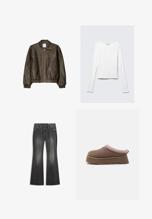 Veste bomber en cuir marron avec fermeture éclair à l'avant, col pointu, poignets et ourlet élastiqués, et poches latérales. Coutures contrastées visibles.; Haut blanc à manches longues avec un design croisé et une poche. Fabriqué dans un tissu lisse et extensible. Coupé dans une coupe décontractée et ample.; Jean en denim noir délavé évasé avec une légère décoloration, cinq poches et des coutures contrastées, équipé d'une fermeture par bouton standard et fermeture éclair.; Chaussure marron à enfiler avec une semelle épaisse, une bordure à motifs roses et blancs autour de l'ouverture, et le logo UGG sur le côté.