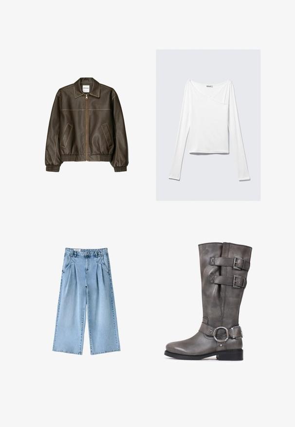 Braune Lederbomberjacke mit einem Reißverschluss vorne, spitzem Kragen, elastischen Bündchen und Saum sowie Seitentaschen. Sichtbare Kontrastnähte.; Weißes Langarmoberteil mit einem Überlappungsdesign und einer Tasche. Hergestellt aus einem glatten, elastischen Material. In einem lässigen, entspannten Schnitt.; Hellblaue Jeans mit weitem Bein, vorderen Falten, Gürtelschlaufen und Seitentaschen, auf weißem Hintergrund gezeigt.; Graue Lederstiefel bis zum Knie mit zwei dekorativen Riemen und silbernen Schnallen. Runde Zehen, niedriger Blockabsatz und glatte Textur.