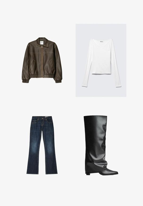 Bruine leren bomberjack met een ritssluiting aan de voorkant, puntige kraag, elastische manchetten en zoom, en zijzakken. Contrasterende stiksels zijn zichtbaar.; Witte long-sleeve top met een crossover ontwerp en een zak. Gemaakt van een gladde, rekbare stof. Geknipt in een casual, relaxte pasvorm.; Donkerblauwe spijkerbroek met rechte pijpen, vijf zakken en contrasterende stiksels op een witte achtergrond.; Zwarte leren kniehoge laarzen met een gladde textuur en een slouchy ontwerp. Voorzien van een spits toelopende neus en een platte hiel voor stabiliteit.