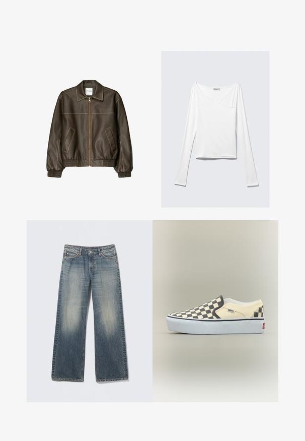Veste bomber en cuir marron avec fermeture éclair à l'avant, col pointu, poignets et ourlet élastiqués, et poches latérales. Coutures contrastées visibles.; Haut blanc à manches longues avec un design croisé et une poche. Fabriqué dans un tissu lisse et extensible. Coupé dans une coupe décontractée et ample.; Jean large bleu clair en denim. Zones délavées sur les cuisses et les genoux. Taille standard avec cinq poches et accents métalliques.; Baskets basses slip-on avec motif damier noir et beige, semelle blanche et logo Vans sur le côté et sur la languette du talon.