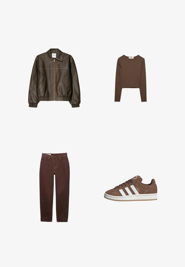 Braune Lederbomberjacke mit einem Reißverschluss vorne, spitzem Kragen, elastischen Bündchen und Saum sowie Seitentaschen. Sichtbare Kontrastnähte.; Stradivarius Langarmshirt - brown; Braune Jeans mit geradem Bein, vorderem Knopf- und Reißverschluss sowie einem Fünf-Taschen-Design auf weißem Hintergrund.; Braune Wildledersneaker mit weißen Lederstreifen, Gummisohle, gerundetem Zehenbereich und Schnürung. Mit einem Logo auf der Zunge und perforierten Akzenten.