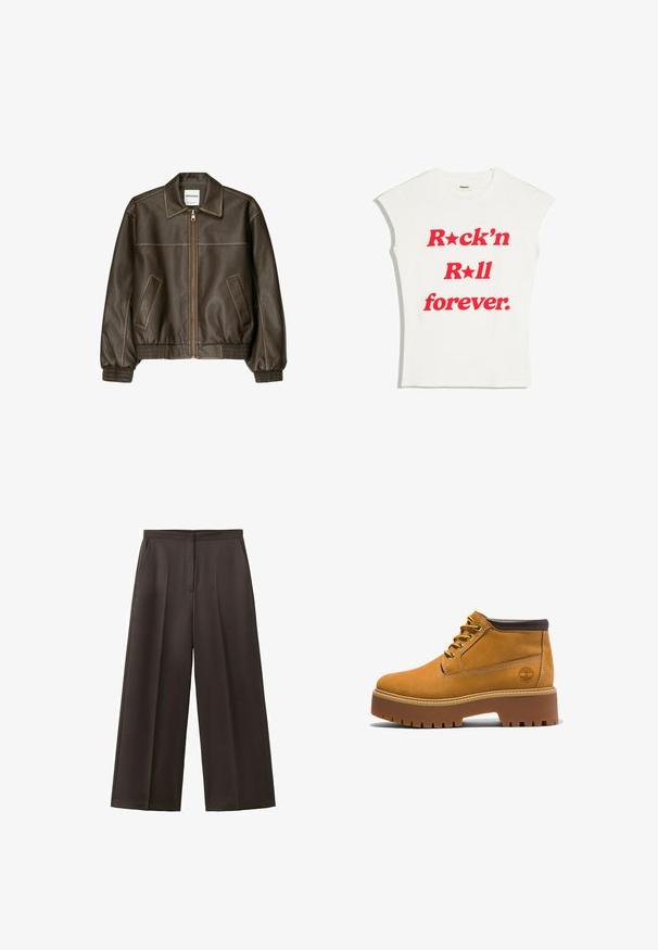 Braune Lederbomberjacke mit einem Reißverschluss vorne, spitzem Kragen, elastischen Bündchen und Saum sowie Seitentaschen. Sichtbare Kontrastnähte.; Weißes ärmelloses T-Shirt mit rotem Text, der "Rock'n Roll forever." lautet, und Sternsymbolen, die den Buchstaben "o" in Rock'n and Roll ersetzen.; Schwarze Hose mit weitem Bein, hohem Bund, vorderen Falten und Seitentaschen, entworfen für formelle oder geschäftliche Anlässe.; Tanfarbene Leder-Stiefeletten mit abgerundetem Zehenbereich, braunen Akzenten, dicker Plateau-Sohle und kontrastierenden gelben Schnürsenkeln. Mit einem Logo an der Seite.