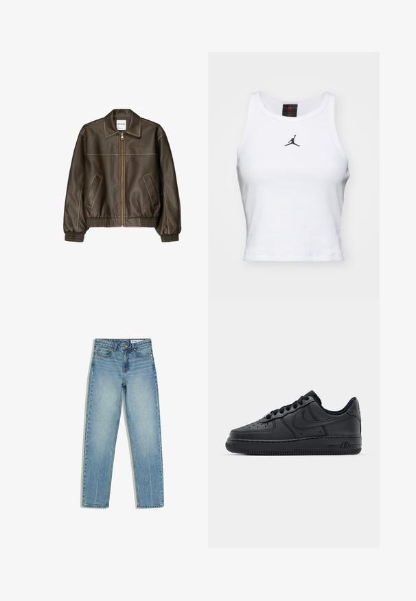 Brun læder bomberjakke med lynlåsfortil, spids krave, elastiske cuffe og kant, samt sidelommer. Kontrastsyninger synlige.; Hvid cropped tanktop lavet af bomuld med ribbet tekstur. Har et sort Jordan-logo i midten og en klassisk rund halsudskæring.; Lyseblå denimjeans med lige ben, forlommer, bæltestropper, knaplukning og subtil falmen på lårene.; Sorte lædersneakers med perforeret tåboks, flade snørebånd og gummisål. Har et lille logo på siden og tekstureret detaljering.