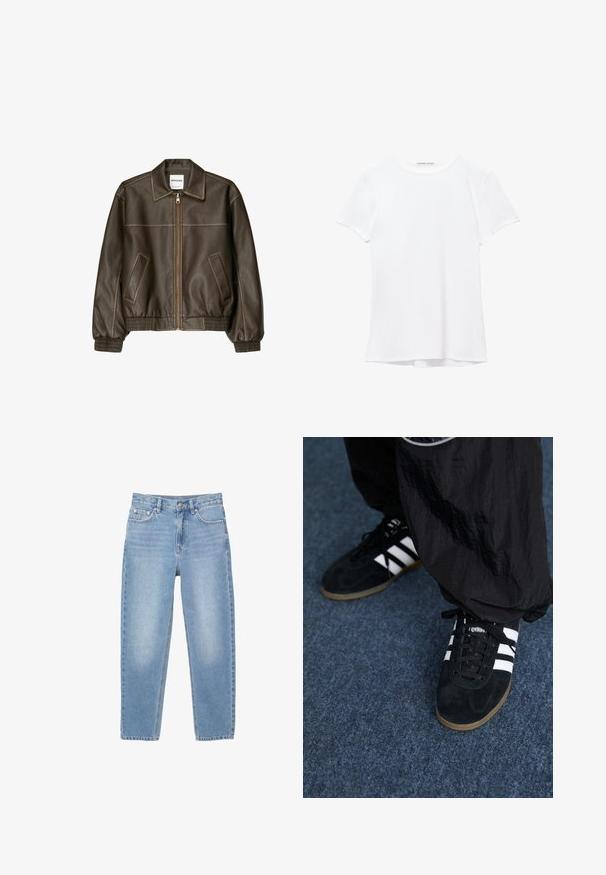 Bruine leren bomberjack met een ritssluiting aan de voorkant, puntige kraag, elastische manchetten en zoom, en zijzakken. Contrasterende stiksels zijn zichtbaar.; Witte short-sleeve t-shirt van gladde stof, met een ronde halslijn en subtiele stiksels bij de zoom.; Lichtblauwe denim jeans met een rechte snit, vijf zakken en een ritssluiting aan de voorkant. De stof vertoont een lichte vervaging en heeft een gladde textuur.; Zwarte suède sportschoenen met drie witte strepen en zwarte veters. Een gestructureerde zwarte broek is deels zichtbaar naast de schoenen.