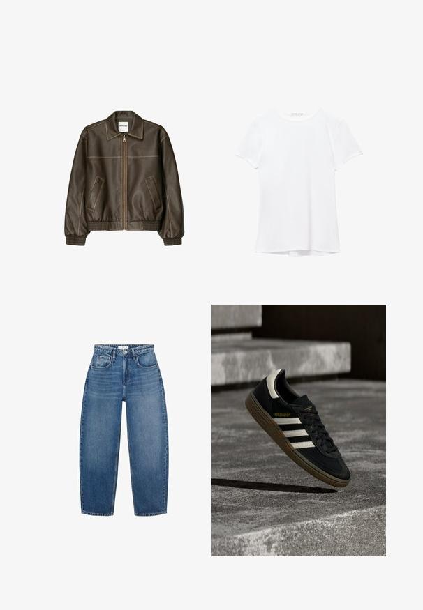 Bruine leren bomberjack met een ritssluiting aan de voorkant, puntige kraag, elastische manchetten en zoom, en zijzakken. Contrasterende stiksels zijn zichtbaar.; Witte short-sleeve t-shirt van gladde stof, met een ronde halslijn en subtiele stiksels bij de zoom.; Hoge taille blauwe denim jeans met een rechte pijp, voorzien van vijf zakken, riemlussen en subtiele vervaging voor extra textuur.; Zwarte Adidas sneaker met witte strepen en gumzool die boven grijze betonnen trappen zweeft in natuurlijk licht.