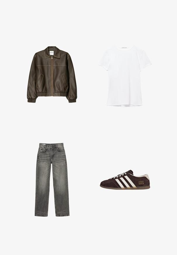 Bruine leren bomberjack met een ritssluiting aan de voorkant, puntige kraag, elastische manchetten en zoom, en zijzakken. Contrasterende stiksels zijn zichtbaar.; Witte short-sleeve t-shirt van gladde stof, met een ronde halslijn en subtiele stiksels bij de zoom.; Grijze denim jeans met een relaxte pasvorm, voorzien van vijf zakken, subtiele vervaging en een rechte pijpdesign. Classic tailleband met riemlussen.; Bruine suède sneakers met drie witte strepen, rubberen zool en een tekstlabel met de tekst "Gazelle" in goud. Vetersluiting met grijze veters.
