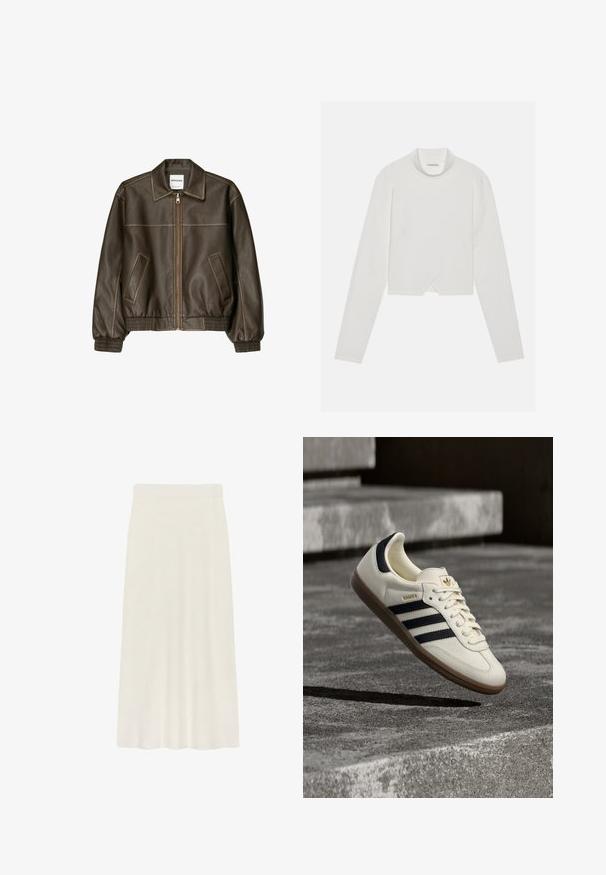Veste bomber en cuir marron avec fermeture éclair à l'avant, col pointu, poignets et ourlet élastiqués, et poches latérales. Coutures contrastées visibles.; Haut blanc à manches longues avec un col haut, présentant un design de couture diagonale et un ourlet court. Tissu doux au toucher lisse.; Une jupe crème, longueur genou, confectionnée dans un tissu doux, avec une texture lisse et une taille ajustée pour plus de confort.; Baskets blanches Adidas Samba avec des bandes noires et une semelle en gomme, flottant au-dessus de marches en béton gris texturé.