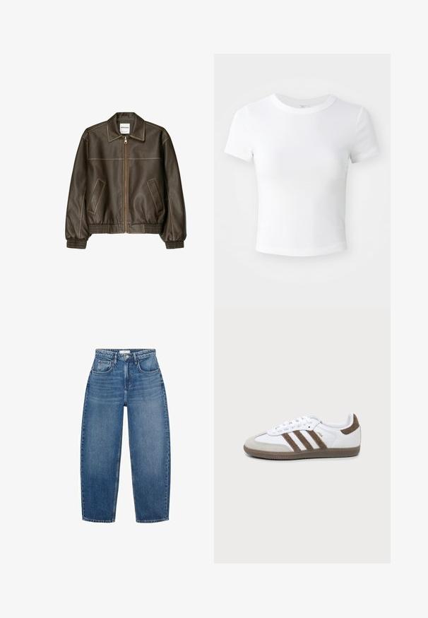 Bruine leren bomberjack met een ritssluiting aan de voorkant, puntige kraag, elastische manchetten en zoom, en zijzakken. Contrasterende stiksels zijn zichtbaar.; Effen witte cropped t-shirt met korte mouwen en ronde hals, weergegeven op een neutrale lichte achtergrond.; Hoge taille blauwe denim jeans met een rechte pijp, voorzien van vijf zakken, riemlussen en subtiele vervaging voor extra textuur.; Witte en bruine Adidas Samba sneaker met drie bruine strepen, veters en een textuurs van boven- tot zool, getoond vanaf de zijkant op een effen achtergrond.