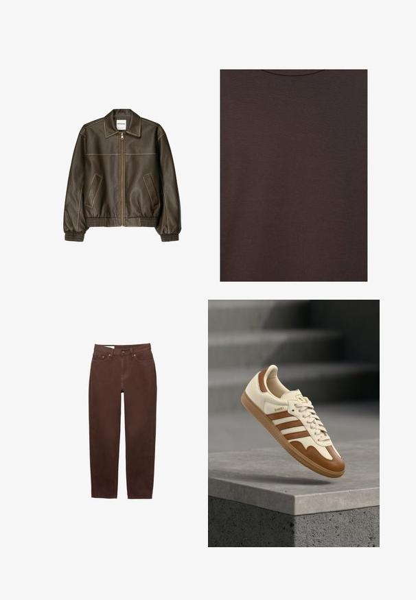 Veste bomber en cuir marron avec fermeture éclair à l'avant, col pointu, poignets et ourlet élastiqués, et poches latérales. Coutures contrastées visibles.; T-shirt col rond marron foncé en tissu tricoté doux avec une fine texture côtelée.; Jean marron à jambe droite avec bouton frontal, fermeture éclair et design à cinq poches sur fond blanc.; Baskets classiques avec une tige en cuir crème, des accents marron, trois bandes et une semelle en caoutchouc texturée. Elles présentent un bout arrondi et une fermeture à lacets.